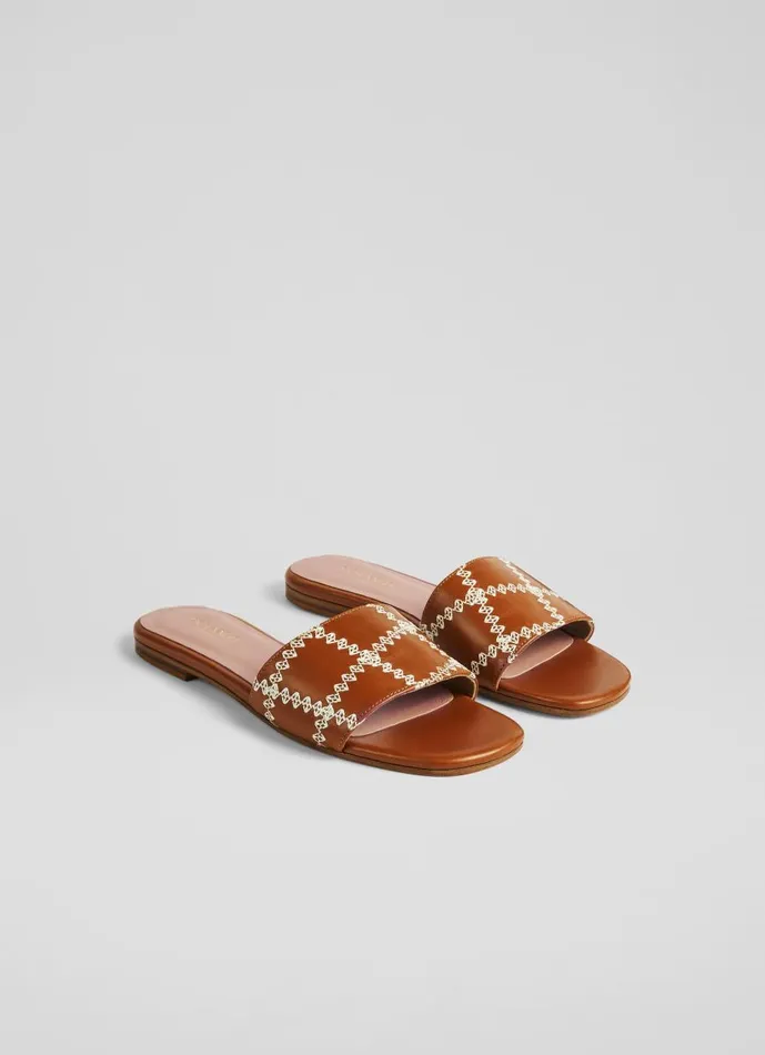 Women Flats LKBennett Hema Tan Leather Stitch Detail Flat Mules Saddle Women Flats LKBennett Hema Tan Leather Stitch Detail Flat Mules Saddle
