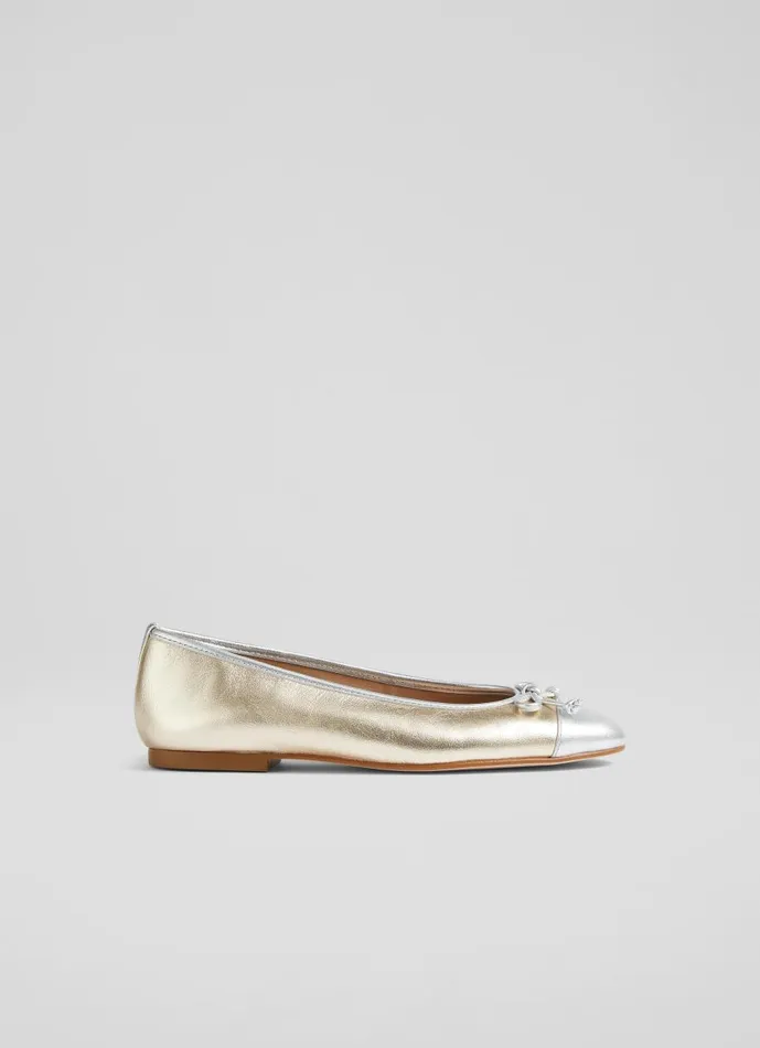Women Flats LKBennett Kara Metallic Gold And Silver Leather Ballet Flats Silver
