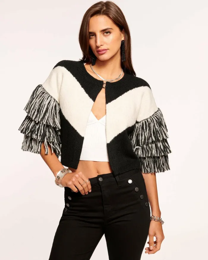 Women Gia Fringe Cardigan Ivory Black Combo Ramy Brook Tops