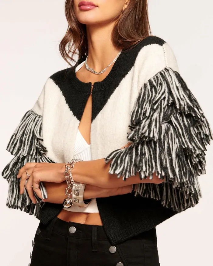 Women Gia Fringe Cardigan Ivory Black Combo Ramy Brook Tops Women Gia Fringe Cardigan Ivory Black Combo Ramy Brook Tops