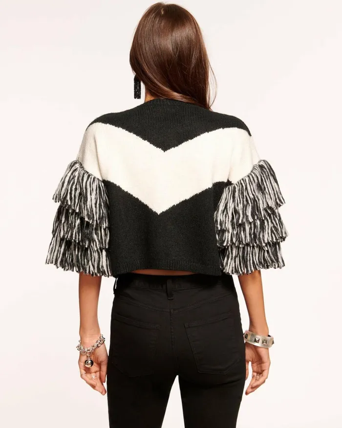 Women Gia Fringe Cardigan Ivory Black Combo Ramy Brook Tops Women Gia Fringe Cardigan Ivory Black Combo Ramy Brook Tops