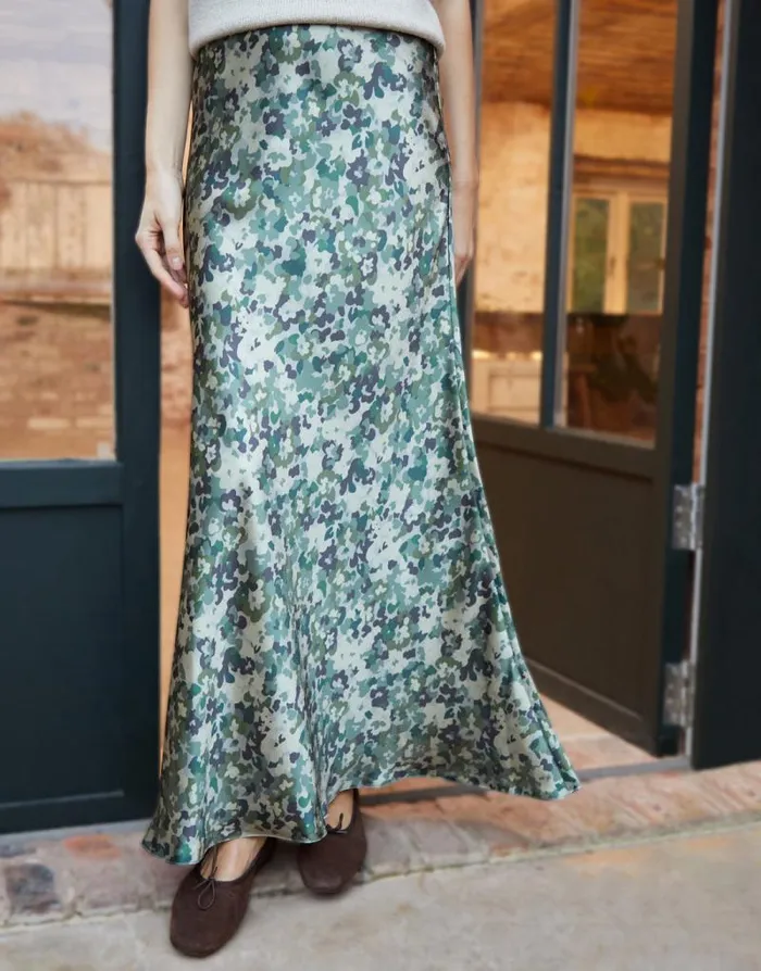 Women Green Camo Print Maxi Satin Slip Skirt Threadbare Skirts