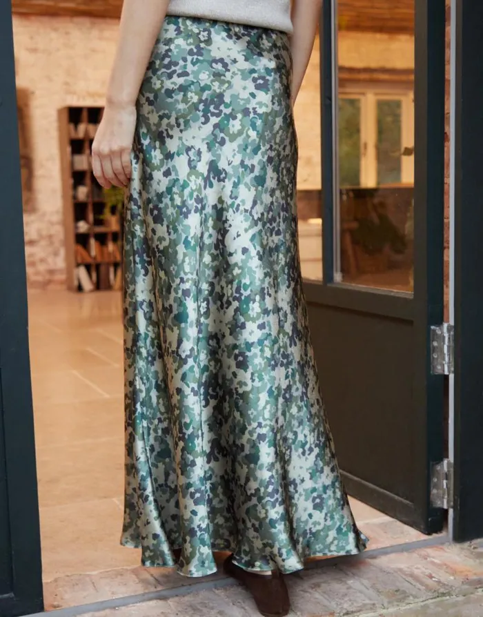Women Green Camo Print Maxi Satin Slip Skirt Threadbare Skirts Women Green Camo Print Maxi Satin Slip Skirt Threadbare Skirts