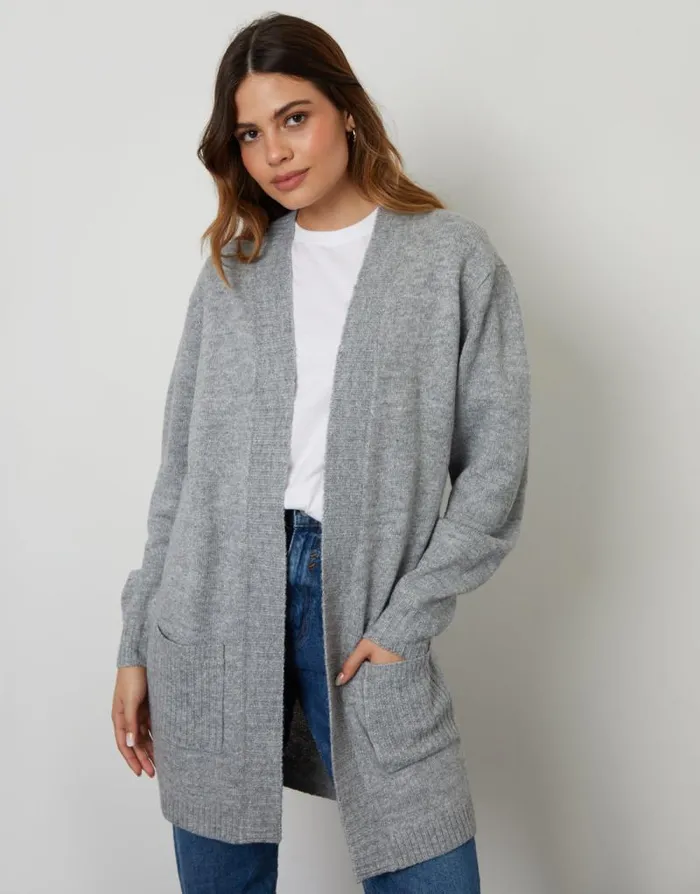 Women Grey Longline Knitted Open Cardigan Threadbare Cardigans