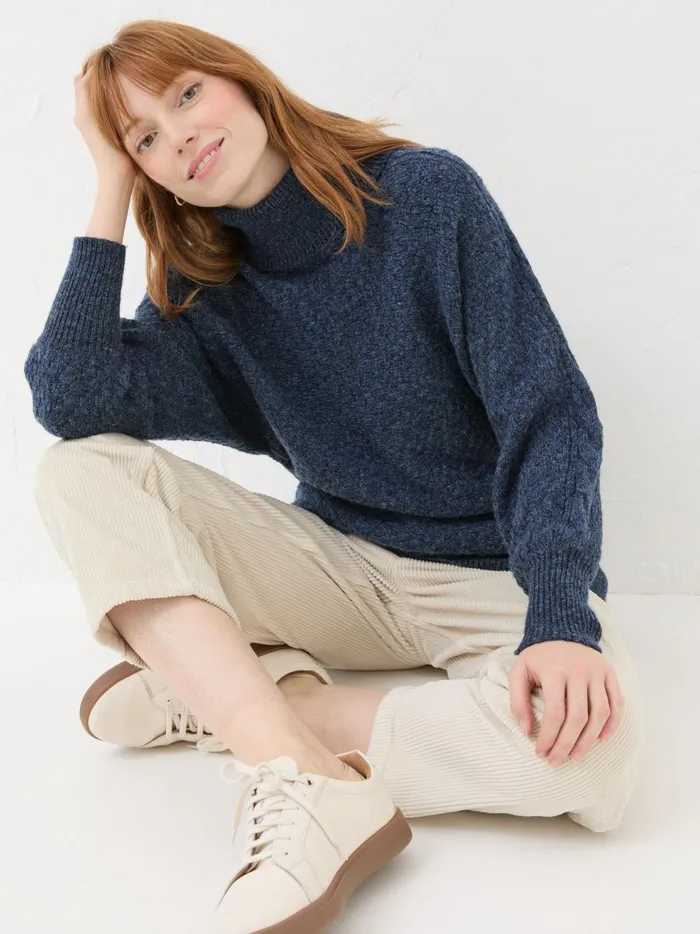 Women Knitwear Fat Face Navy Amara Roll Neck Knitted Jumper