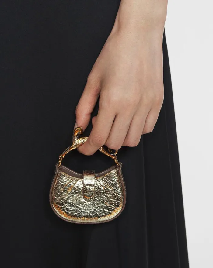 Women Lanvin Wallets and Small Leather Goods Micro Hobo Cat Charm Bag In Crackled Metallic Leather Gold