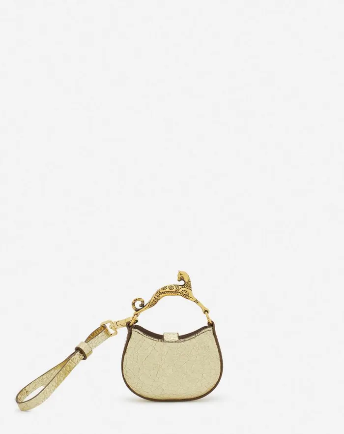 Women Lanvin Wallets and Small Leather Goods Micro Hobo Cat Charm Bag In Crackled Metallic Leather Gold