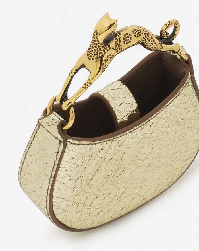 Women Lanvin Wallets and Small Leather Goods Micro Hobo Cat Charm Bag In Crackled Metallic Leather Gold