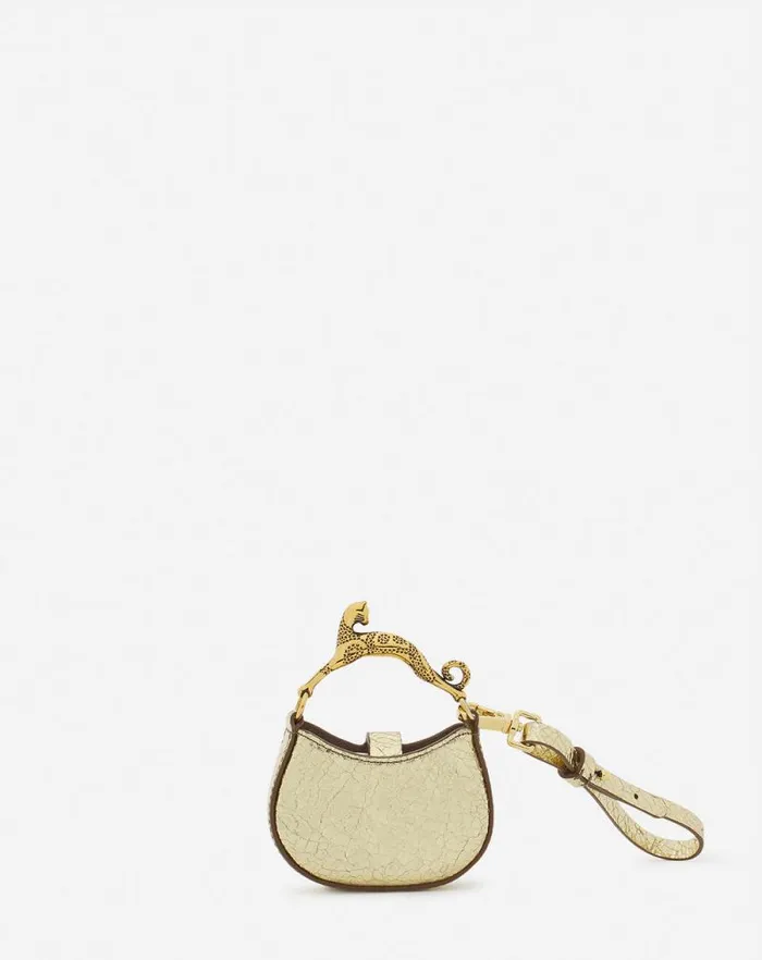 Women Lanvin Wallets and Small Leather Goods Micro Hobo Cat Charm Bag In Crackled Metallic Leather Gold
