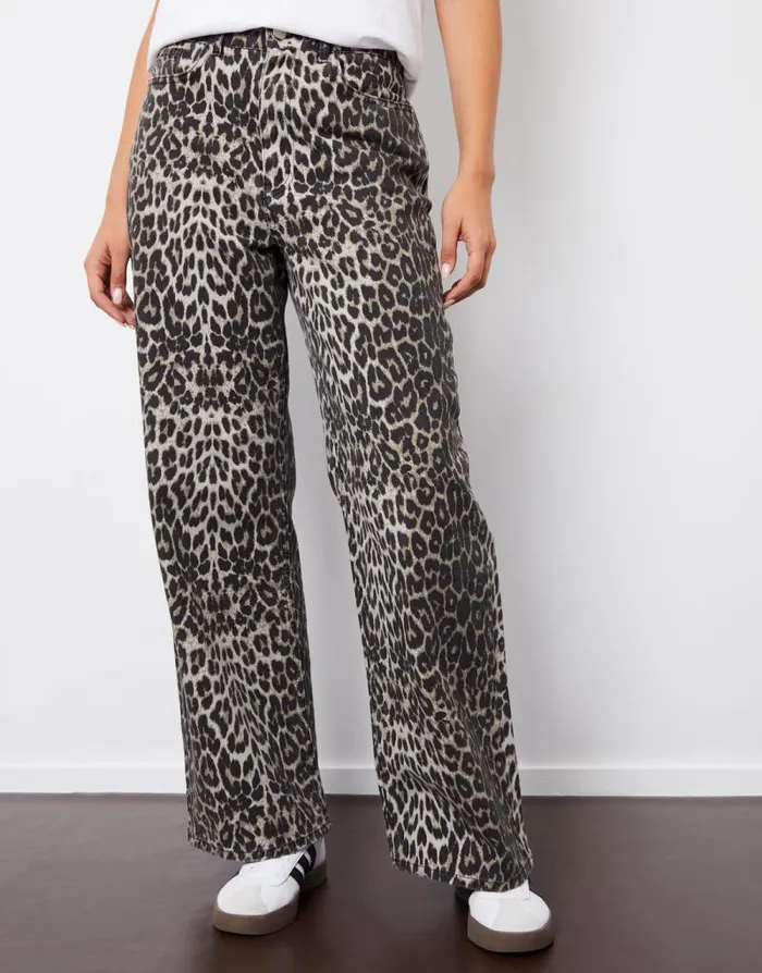 Women Leopard Print Wide Leg Denim Jeans Threadbare Jeans