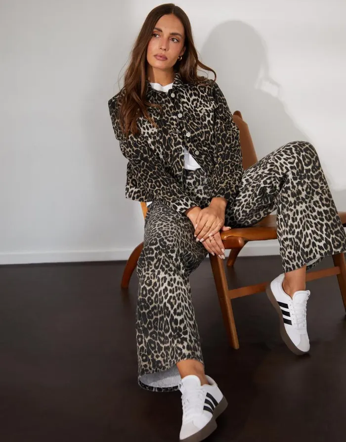 Women Leopard Print Wide Leg Denim Jeans Threadbare Jeans Women Leopard Print Wide Leg Denim Jeans Threadbare Jeans