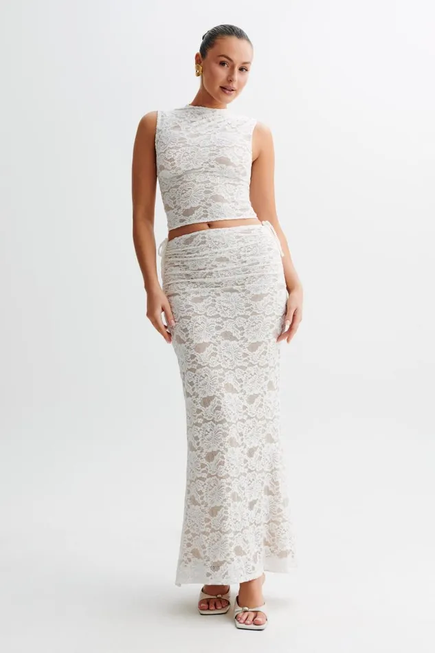 Women Meshki Bottoms Daniela Lace Plisse Ruched Maxi Skirt 8211 Ivory