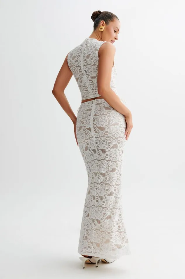 Women Meshki Bottoms Daniela Lace Plisse Ruched Maxi Skirt 8211 Ivory