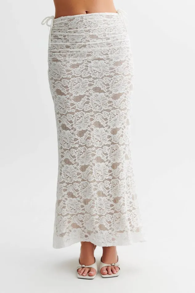 Women Meshki Bottoms Daniela Lace Plisse Ruched Maxi Skirt 8211 Ivory