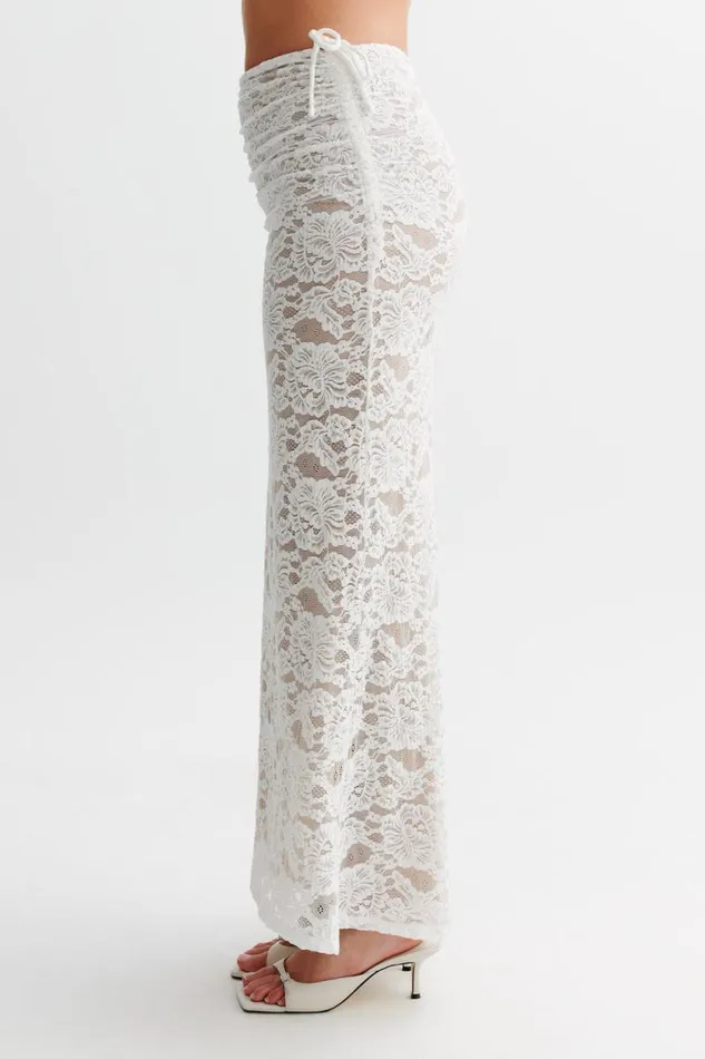 Women Meshki Bottoms Daniela Lace Plisse Ruched Maxi Skirt 8211 Ivory