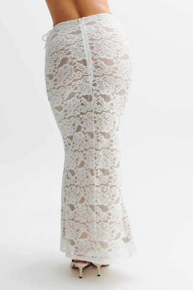 Women Meshki Bottoms Daniela Lace Plisse Ruched Maxi Skirt 8211 Ivory