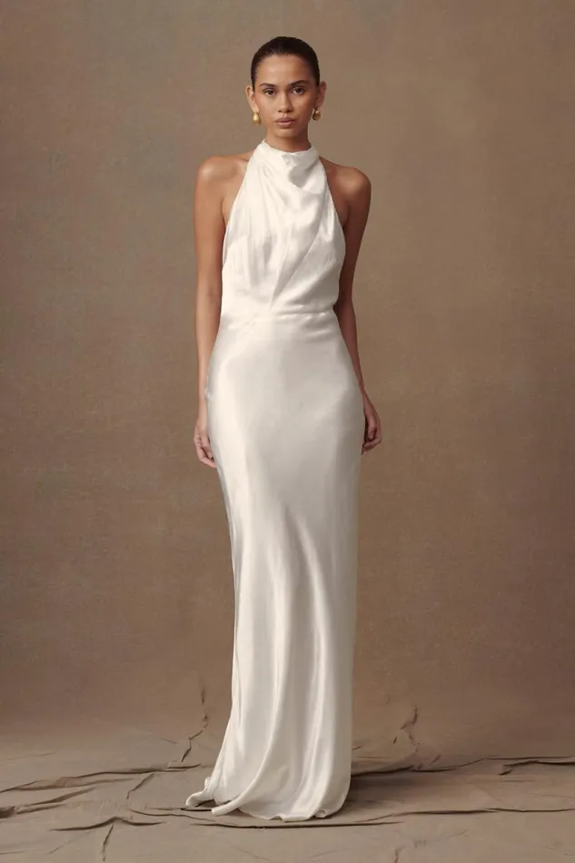 Women Meshki Bottoms Esther Iridescent Satin Cowl Maxi Dress 8211 Ivory