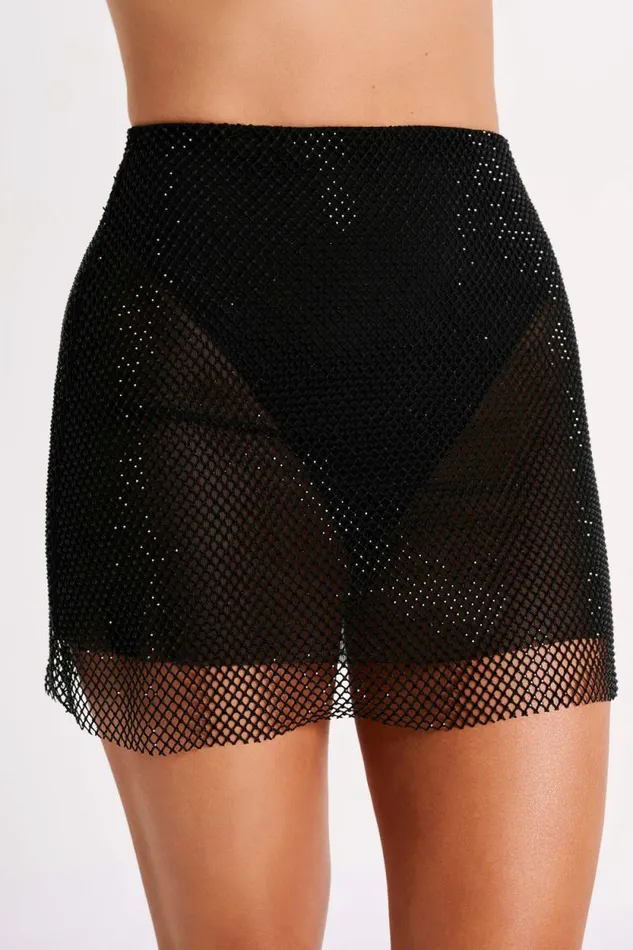 Women Meshki Bottoms Hilton Diamante Mesh Mini Skirt 8211 Black