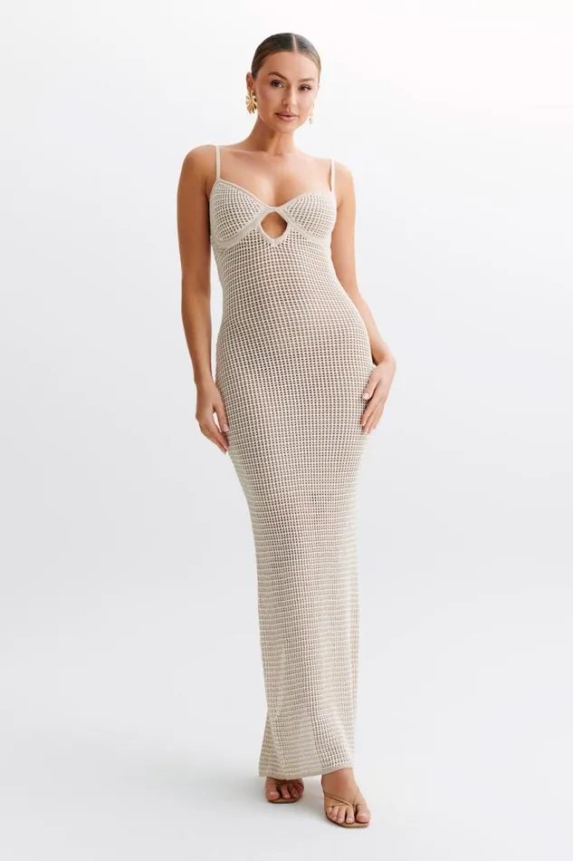 Women Meshki Bottoms Jeannie Stripe Cupped Knit Maxi Dress 8211 TanWhite