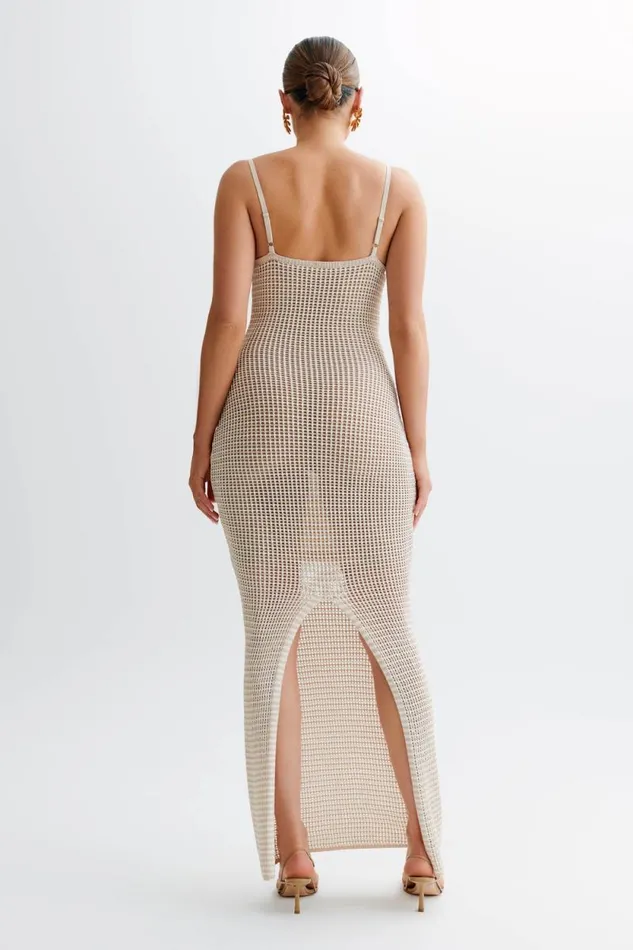 Women Meshki Bottoms Jeannie Stripe Cupped Knit Maxi Dress 8211 TanWhite