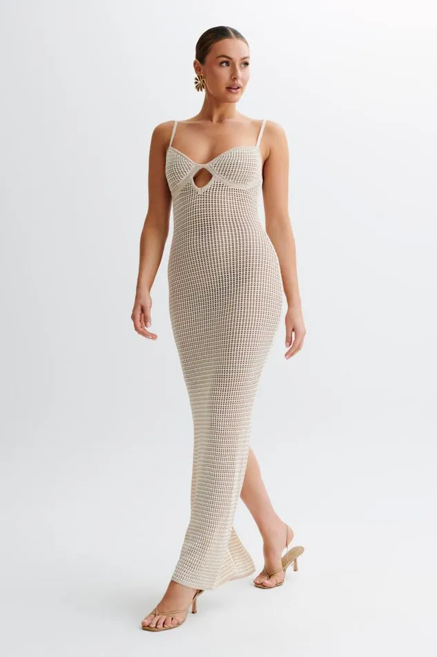 Women Meshki Bottoms Jeannie Stripe Cupped Knit Maxi Dress 8211 TanWhite