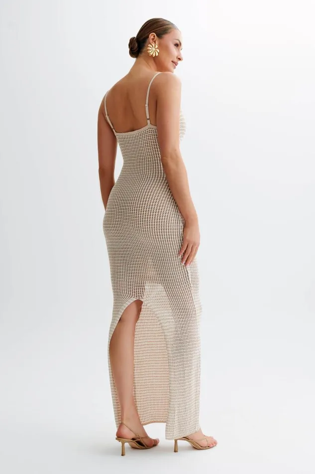 Women Meshki Bottoms Jeannie Stripe Cupped Knit Maxi Dress 8211 TanWhite
