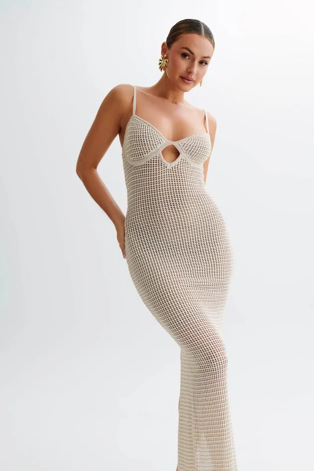 Women Meshki Bottoms Jeannie Stripe Cupped Knit Maxi Dress 8211 TanWhite