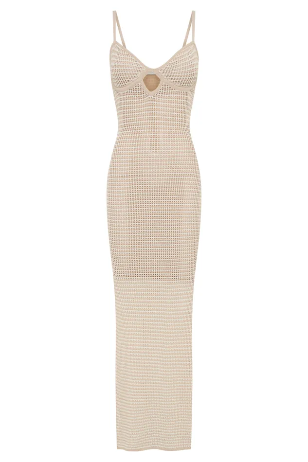 Women Meshki Bottoms Jeannie Stripe Cupped Knit Maxi Dress 8211 TanWhite