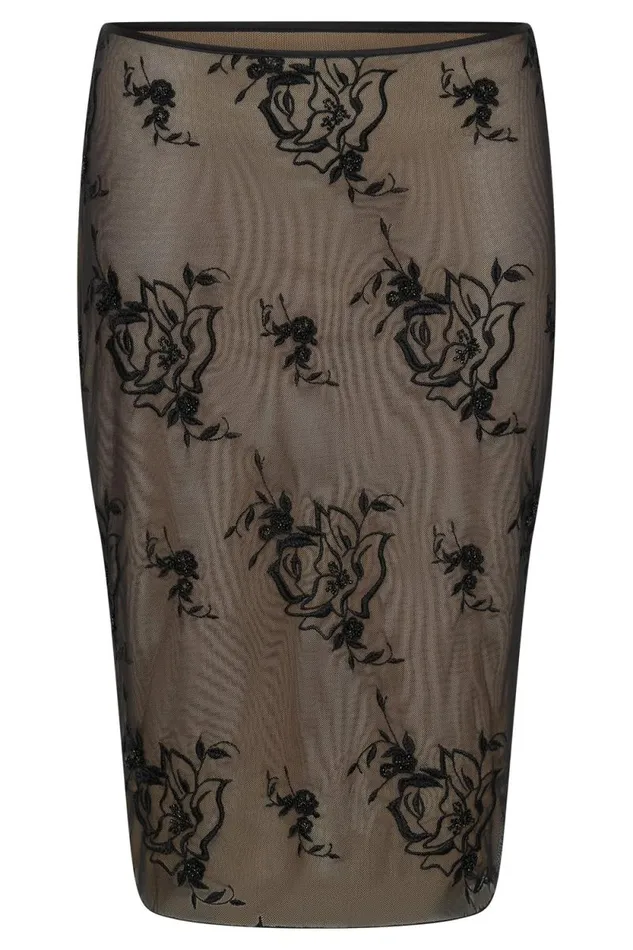 Women Meshki Bottoms Xena Embroidered Mesh Midi Skirt 8211 Black