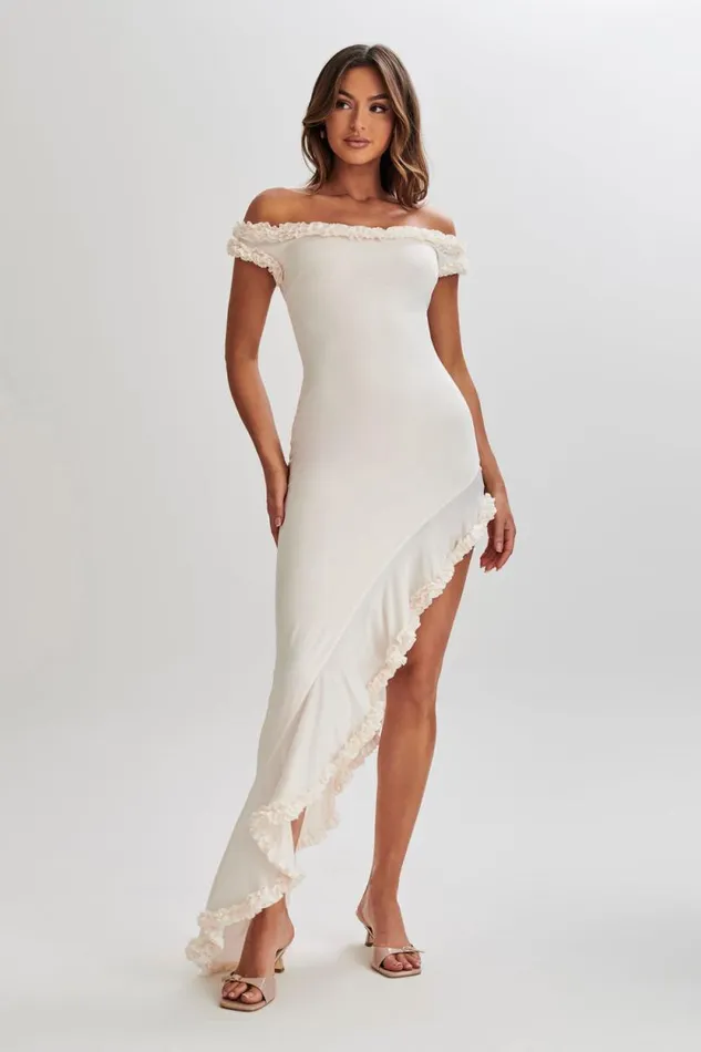 Women Meshki Dresses Arielle Off Shoulder Ruffle Midi Dress 8211 Ivory