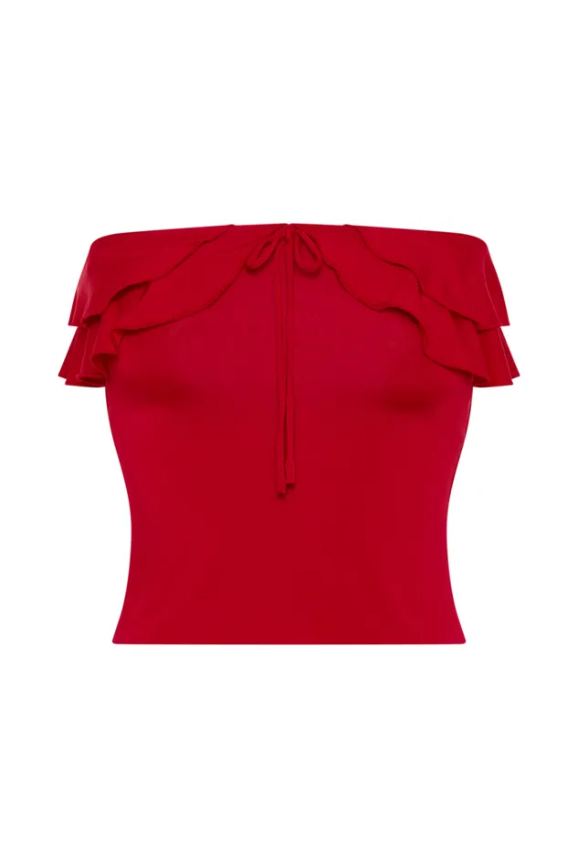 Women Meshki Dresses Bea Strapless Slinky Ruffle Top 8211 Pomegranate