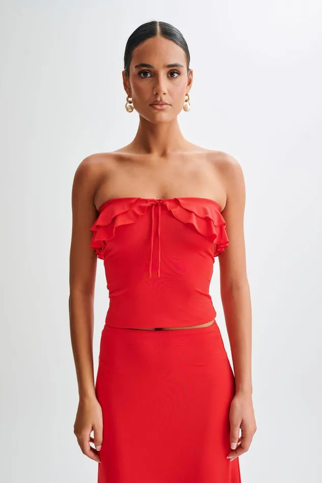 Women Meshki Dresses Bea Strapless Slinky Ruffle Top 8211 Pomegranate