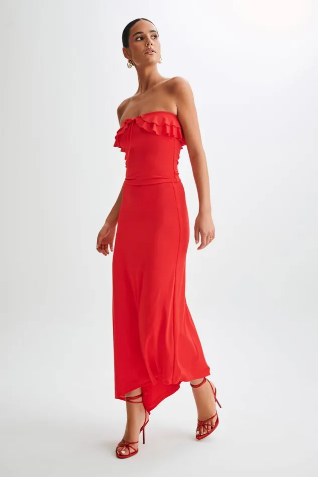 Women Meshki Dresses Bea Strapless Slinky Ruffle Top 8211 Pomegranate