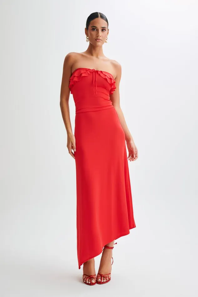 Women Meshki Dresses Bea Strapless Slinky Ruffle Top 8211 Pomegranate
