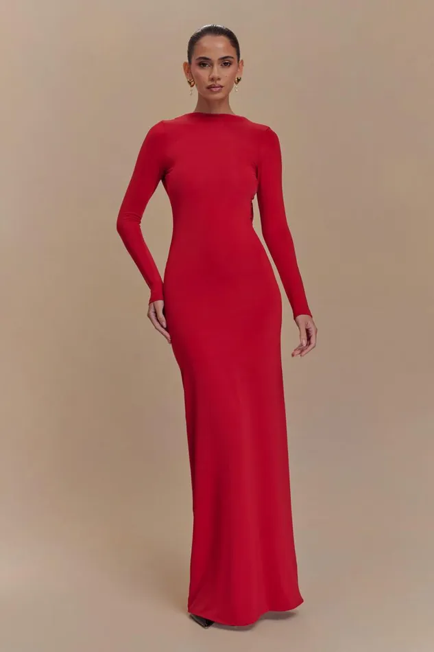 Women Meshki Dresses Bennett Slinky Long Sleeve Maxi Dress 8211 Ruby
