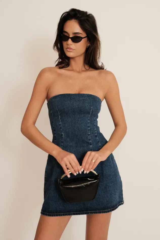 Women Meshki Dresses Cecily Strapless Denim Mini Dress 8211 Dark Blue