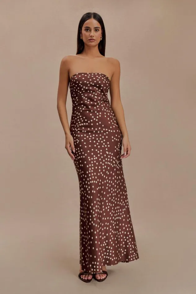Women Meshki Dresses Claudette Strapless Satin Maxi Dress 8211 Brown Polka Dot Print