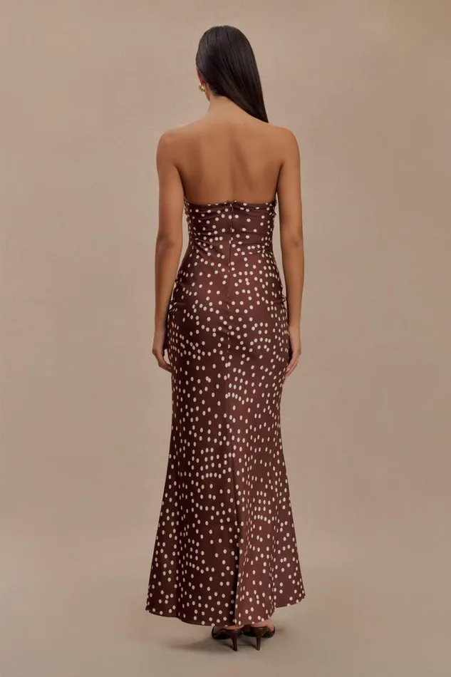 Women Meshki Dresses Claudette Strapless Satin Maxi Dress 8211 Brown Polka Dot Print