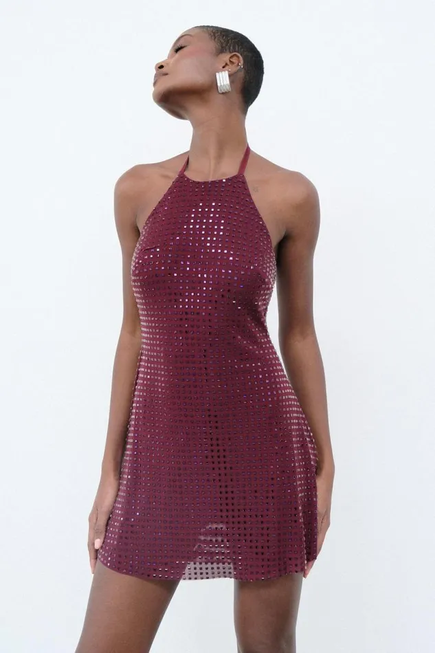 Women Meshki Dresses Dorothy Square Diamante Halter Mini Dress 8211 Burgundy