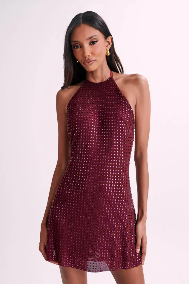 Women Meshki Dresses Dorothy Square Diamante Halter Mini Dress 8211 Burgundy