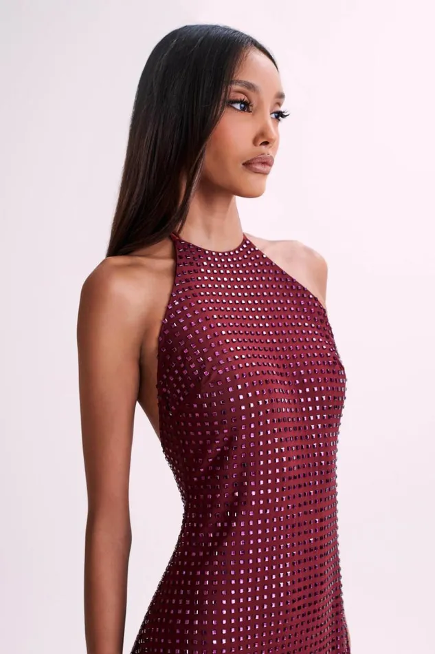 Women Meshki Dresses Dorothy Square Diamante Halter Mini Dress 8211 Burgundy