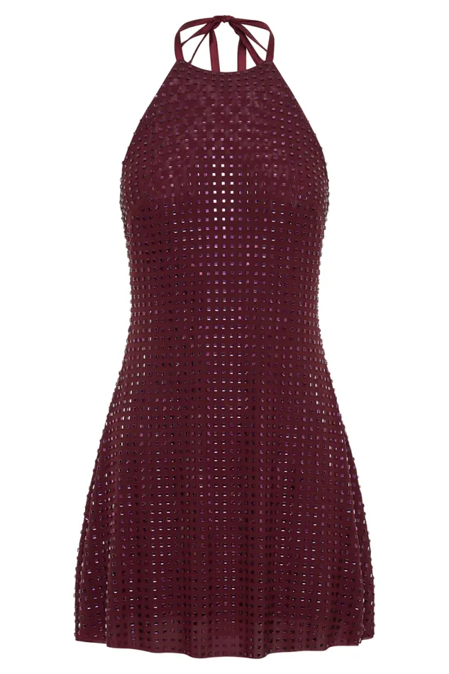 Women Meshki Dresses Dorothy Square Diamante Halter Mini Dress 8211 Burgundy