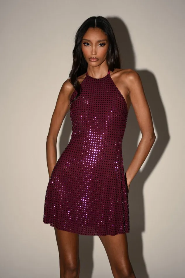 Women Meshki Dresses Dorothy Square Diamante Halter Mini Dress 8211 Burgundy