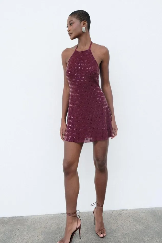 Women Meshki Dresses Dorothy Square Diamante Halter Mini Dress 8211 Burgundy