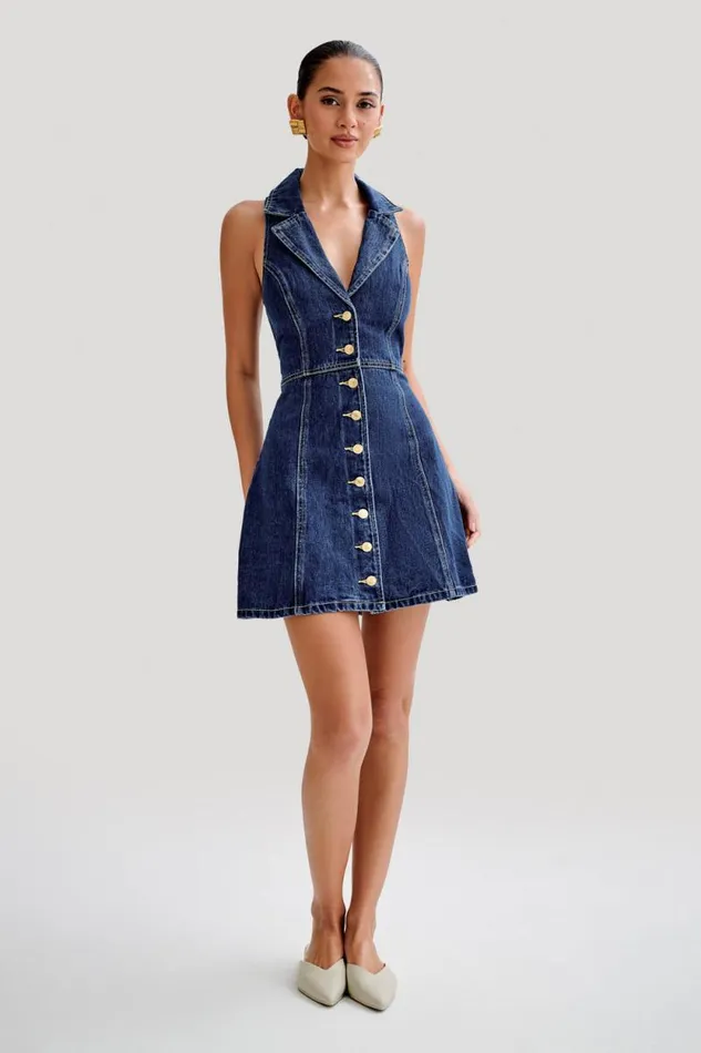 Women Meshki Dresses Eugenie Collared Denim Mini Dress 8211 Dark Blue