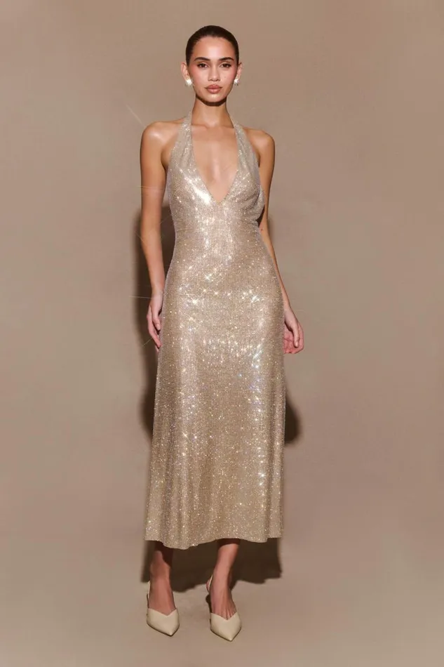 Women Meshki Dresses Genie Diamante Halter Midi Dress 8211 Nude