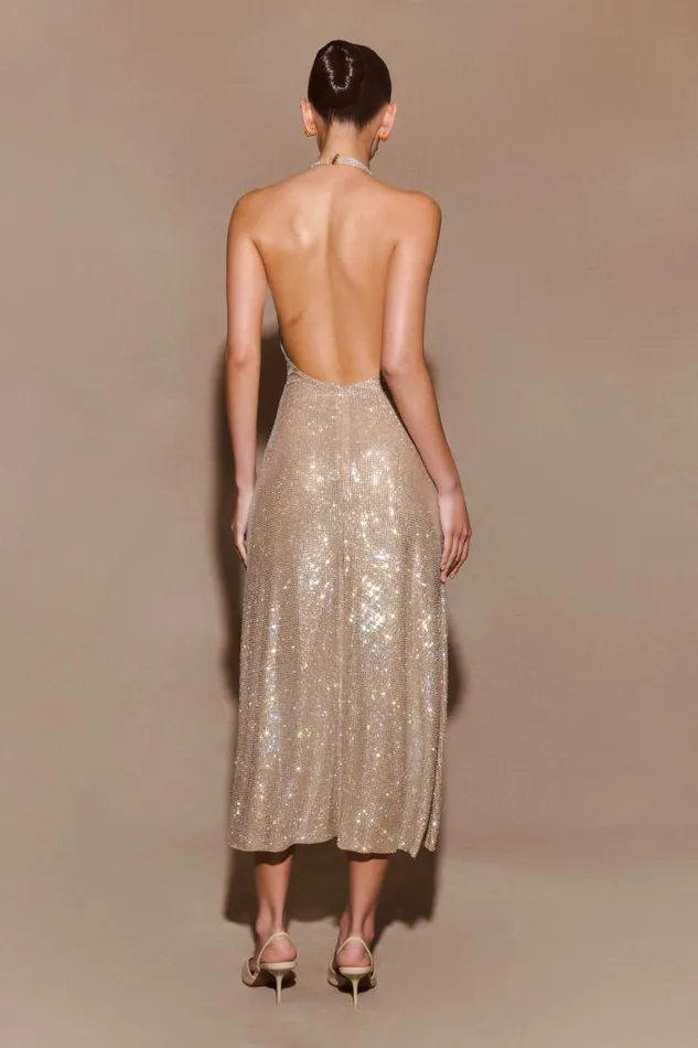 Women Meshki Dresses Genie Diamante Halter Midi Dress 8211 Nude