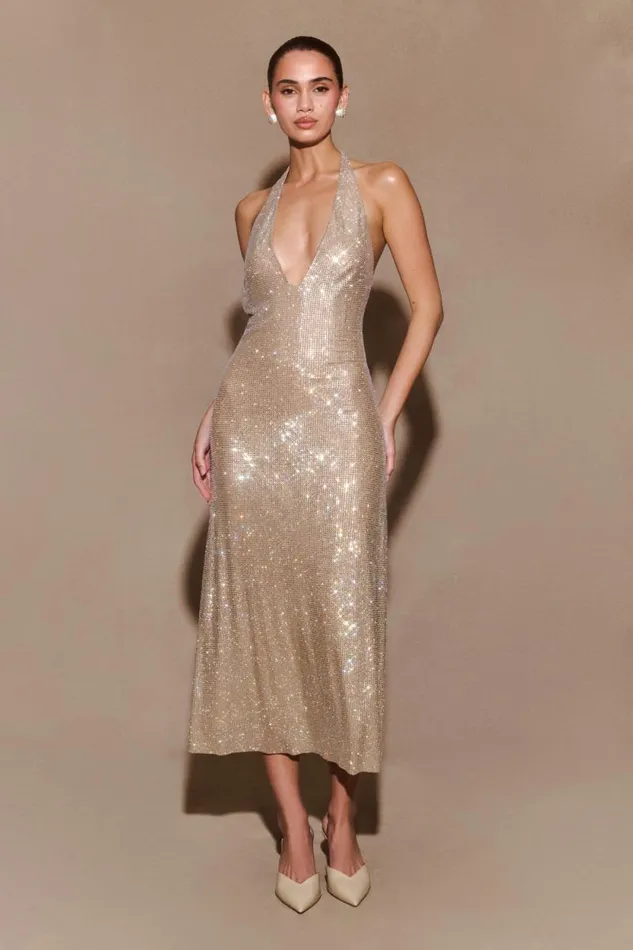 Women Meshki Dresses Genie Diamante Halter Midi Dress 8211 Nude