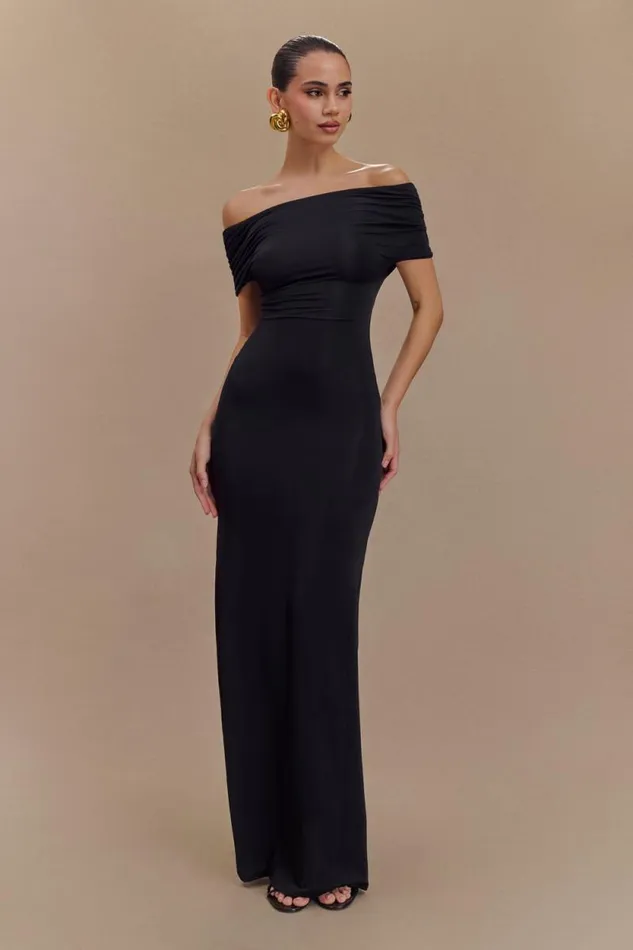 Women Meshki Dresses Imogen Off Shoulder Slinky Maxi Dress 8211 Black