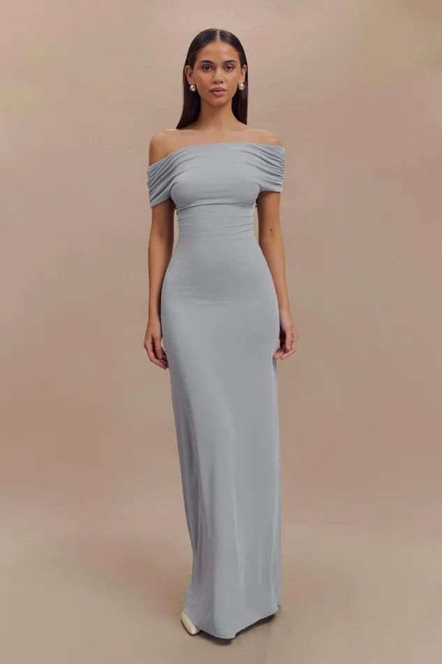 Women Meshki Dresses Imogen Off Shoulder Slinky Maxi Dress 8211 Dusty Blue